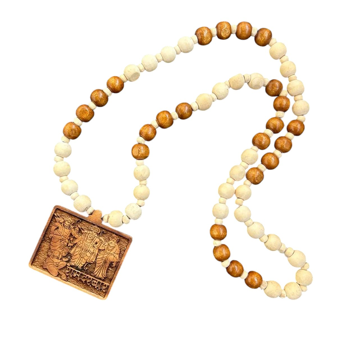 Sacred Wooden Ram Darbar Mala Locket with Tulsi Beads