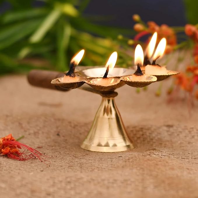 Traditional Brass Panch Diya / Ganga Aarti Diya for puja