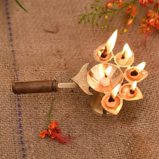Traditional Brass Panch Diya / Ganga Aarti Diya for puja