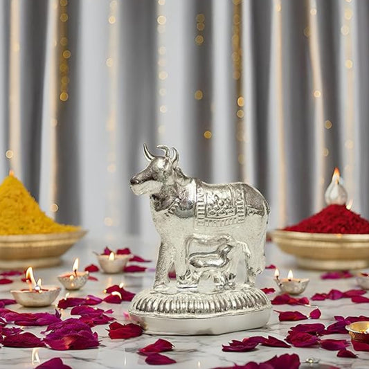 Silver Kamdhenu / Silver Cow and Calf Idol/ Silver Gow Pratima