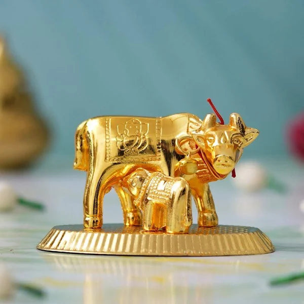 Golden Kamdhenu / Golden Cow and Calf Idol/ Golden Gow Pratima