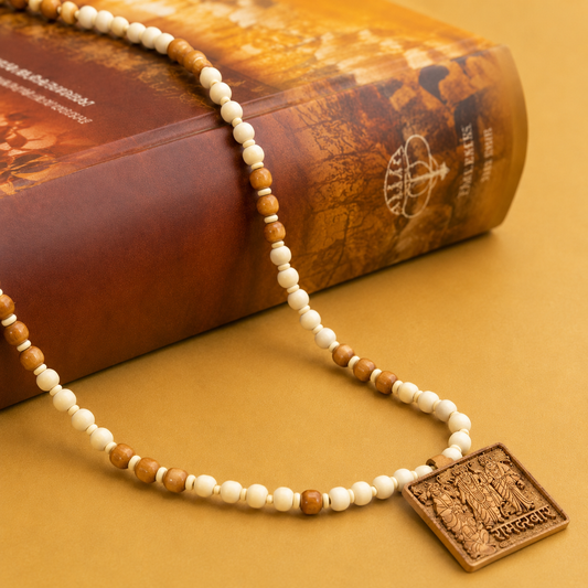 Sacred Wooden Ram Darbar Mala Locket with Tulsi Beads