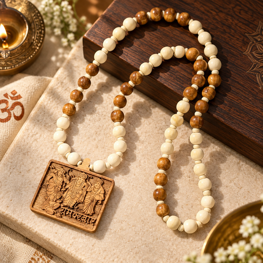 Sacred Wooden Ram Darbar Mala Locket with Tulsi Beads