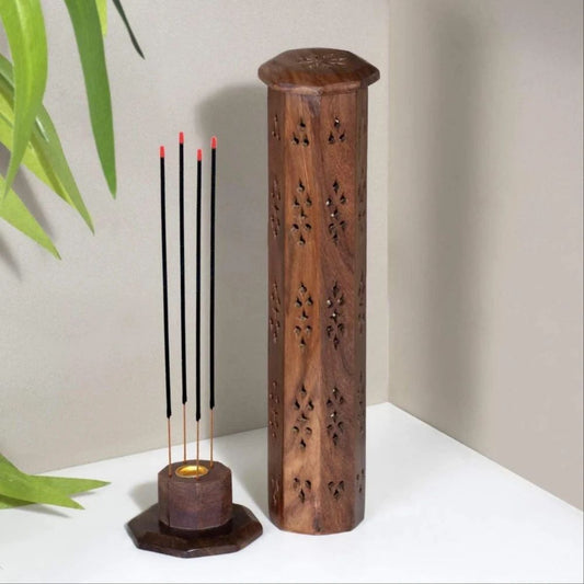 Wooden Handmade Tower Incense Holder | Dhoopbatti & Agarbatti Stand | Temple Fragrance Burner